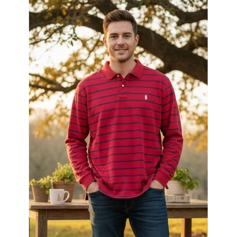 Lot of 2 Polo Ralph Lauren Men's XL Long Sleeve‎ Polo Shirt Purple Red Striped